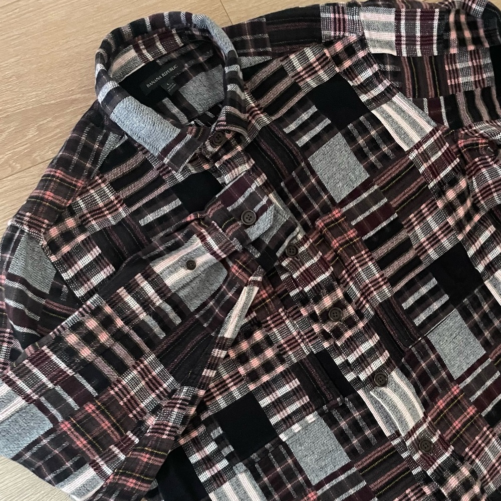 Banana Republic Patchwork Pink Black Brushed Flannel Shirt Jacket Shacket Sz L